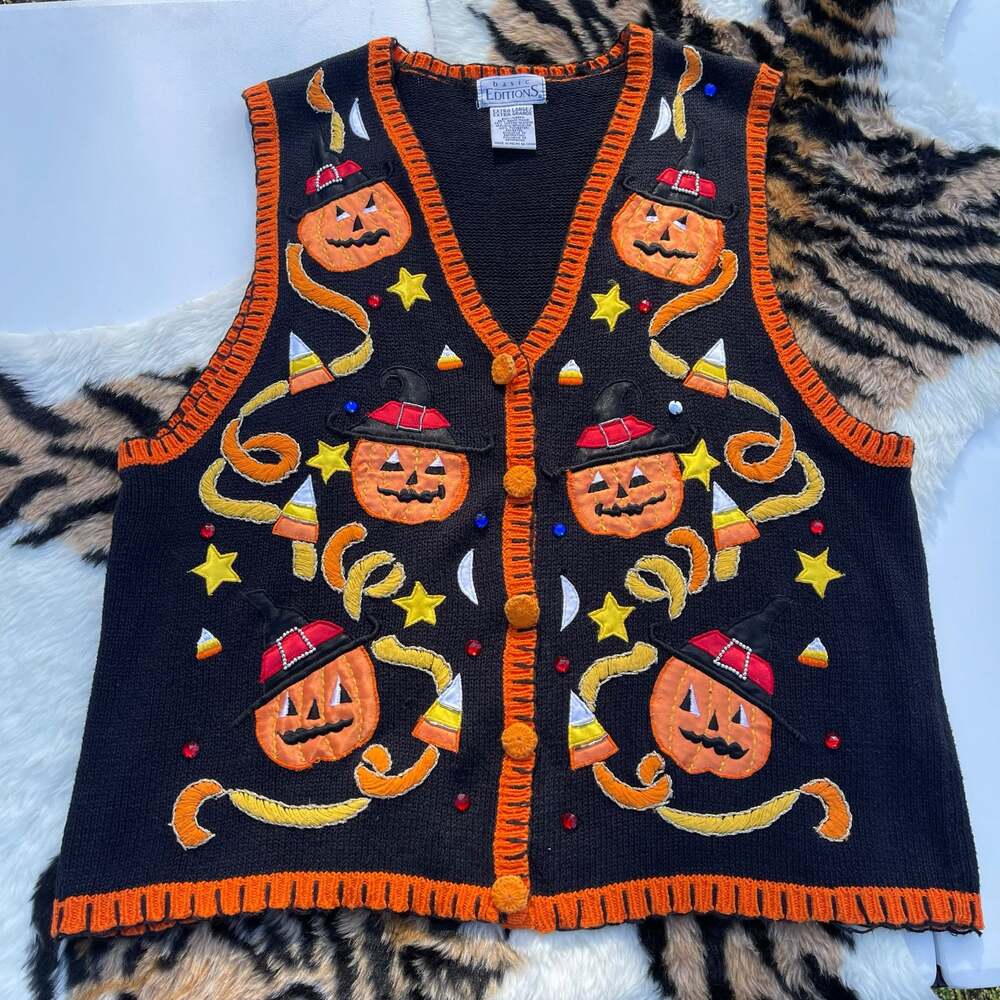 Vintage 90s Basic Editions Halloween Pumpkin Sweater Vest Women's XL Appliqué